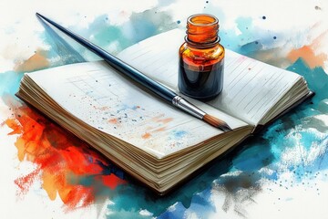 Open sketchbook, paintbrush, ink bottle, colorful background.