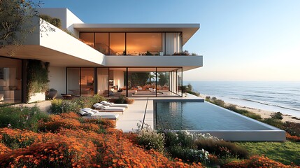 Modern beachfront house with infinity pool, showcasing luxurious interior and exterior design, overlooking the ocean.