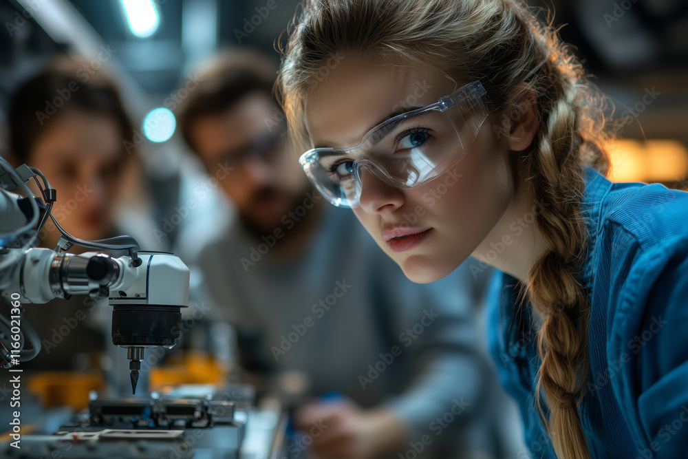 Aufkleber Colleagues collaborating on programming a robotic arm in industrial setting