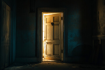 A digitally created interior scene showcasing a textured wall, a plant, and a doorway bathed in warm light.