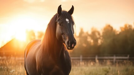 Obraz premium This radiant horse stands beautifully in a sunlit landscape, evoking a sense of freedom and tranquility that resonates within its majestic presence.