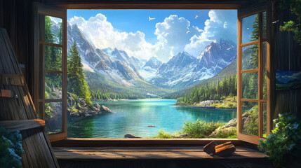 Mountain lake view from chalet window. Vector cartoon illustration of camera on windowsill, scenery photos on wall, beautiful summer nature outside building, river water, clouds above rocky peaks