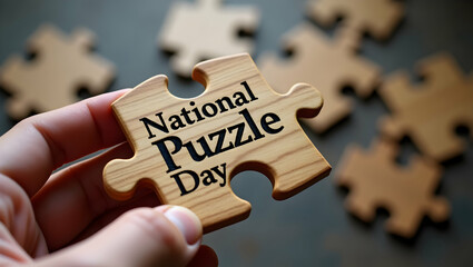 Hand holding a wooden puzzle piece celebrating National Puzzle Day.