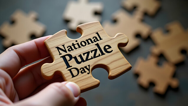 Hand holding a wooden puzzle piece celebrating National Puzzle Day.