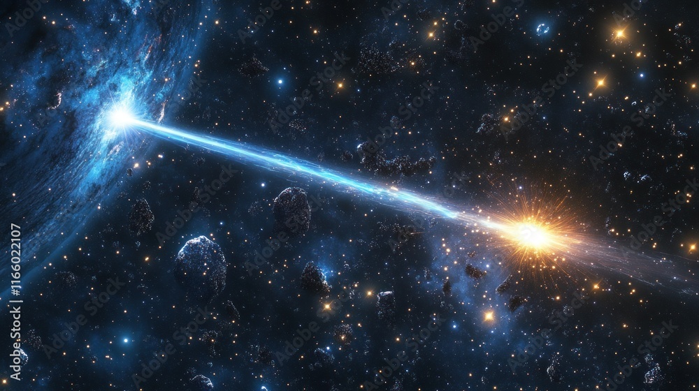 Wall mural outer space showing a pulsar emitting a beam of light, surrounded by a dense cluster of stars backgr