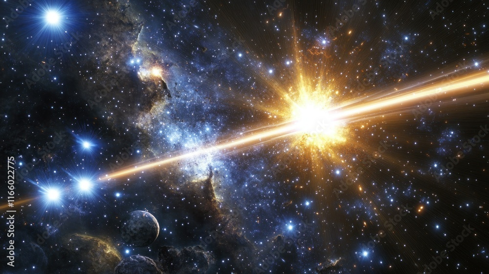 Wall mural outer space showing a pulsar emitting a beam of light, surrounded by a dense cluster of stars backgr