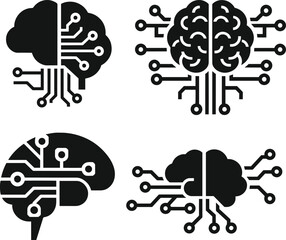 Minimalistic Artificial Intelligence Brain Icon with Circuit Lines