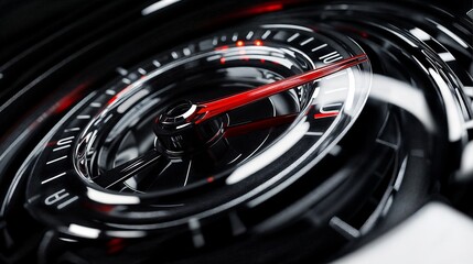 Red needle pointing high value on black dashboard meter