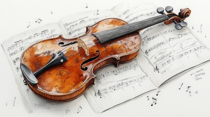 Violin rests on sheet music; musical notes float.