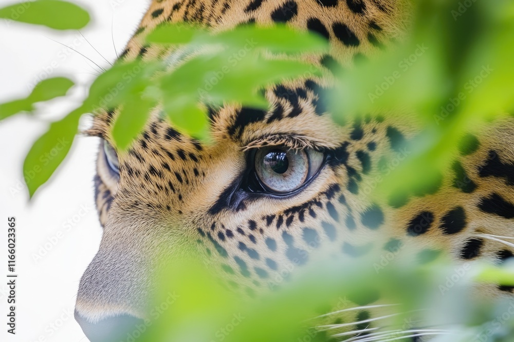 Poster a close-up view of a leopard's face, highlighting its striking features and piercing eyes