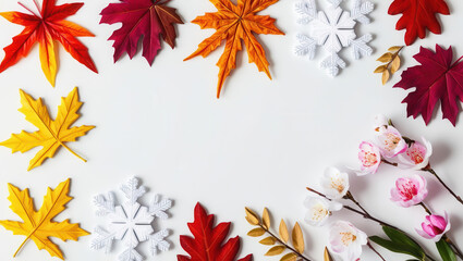 Autumn leaves arrangement indoor studio decorative art minimalist style top view nature's beauty