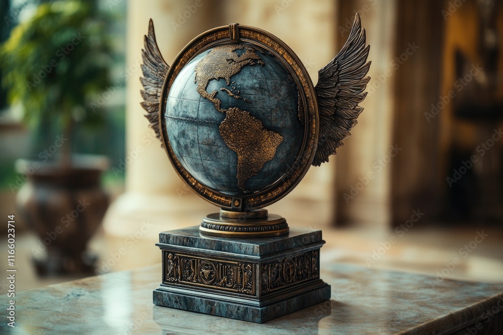 Poster A statue of a globe with winged top, placed on a table