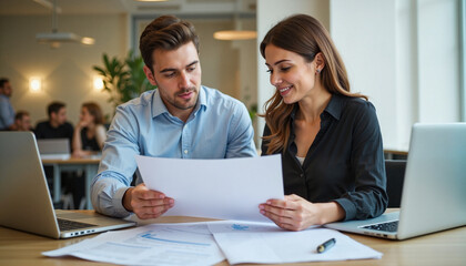 Obraz premium Male and female colleagues reviewing documents together at a desk in a modern office
