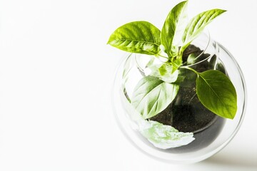 A green plant placed in a transparent glass vase, ideal for interior design or botanical illustrations