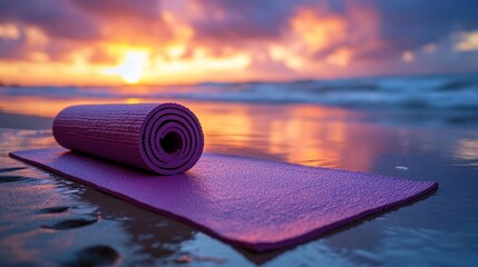 Rolled purple yoga mat on beach at sunset.