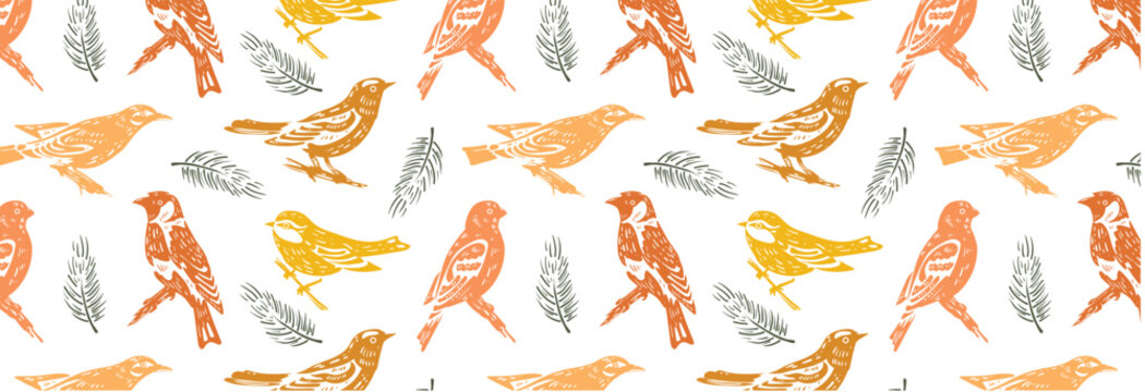 Pattern of orange silhouettes of wild forest birds and fir branches. Songbirds, tit, grosbeak, goldfinch and oriole. Yellow and orange fabric engraving of nature motifs. Seamless vector background.