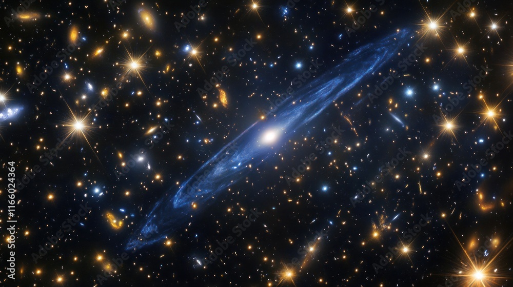 Wall mural outer space showing a pulsar emitting a beam of light, surrounded by a dense cluster of stars backgr