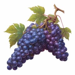 Fototapeta premium A detailed illustration of a bunch of ripe purple grapes with green leaves.