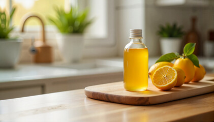 Bottle of cough syrup placed next to fresh lemons on a wooden cutting board in a bright kitchen