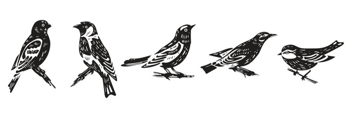 Black silhouettes of wild forest birds. Winter wild animal, tit, grosbeak, goldfinch, oriole. Isolated wild or garden chick of plain nature. Vector illustration. Collection of forest birds.