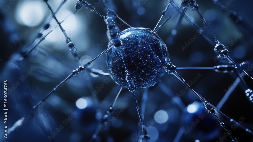 Poster Close-up of a spider web with dew drops, ideal for use in macro or scientific photography contexts