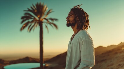 A thoughtful male figure stands against a stunning sunrise backdrop, framed by palm trees, encapsulating themes of introspection, tranquility, and connection to nature's wonders.