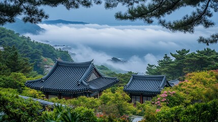 Naklejka premium Misty mountaintop temple with traditional Asian architecture.