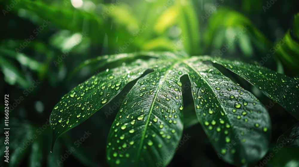 Poster a clear view of a single leaf with dew drops, perfect for nature and macro photography