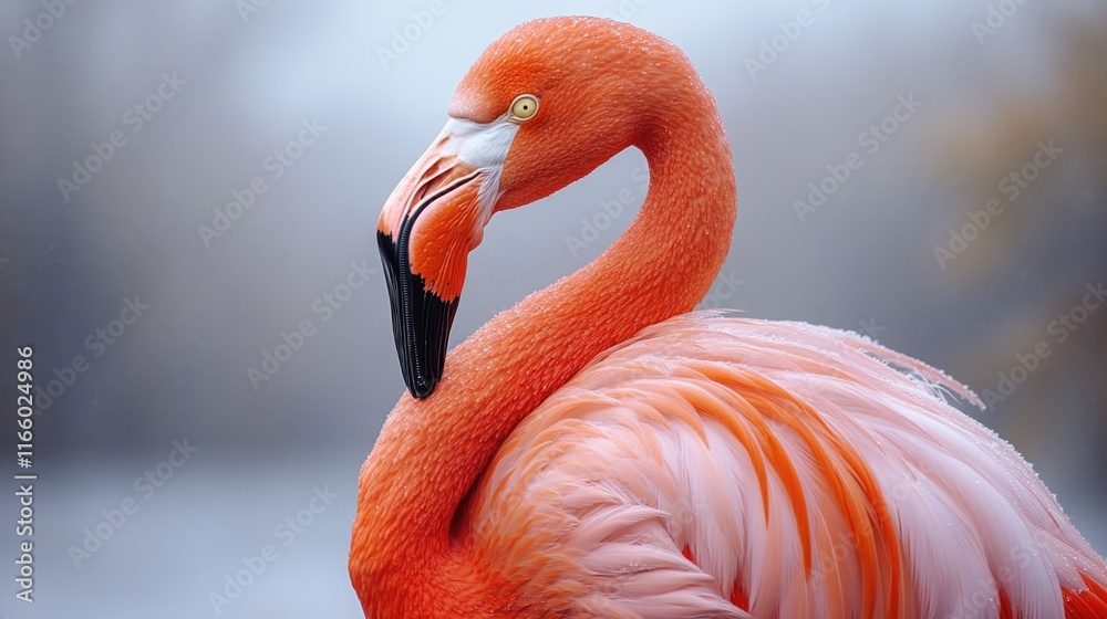 Poster a flamingo standing alone in calm waters, perfect for use as a background or illustration