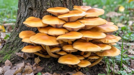 Vibrant Orange Mushrooms at Tree Base in Forest