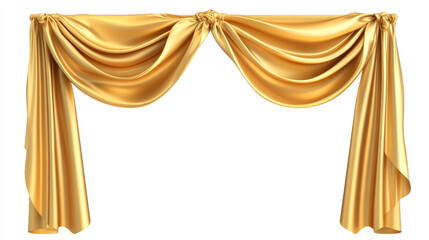 Gold Silk fabric unveiling empty frame isolated on white background. Golden satin covered objects. 3d vector illustration.