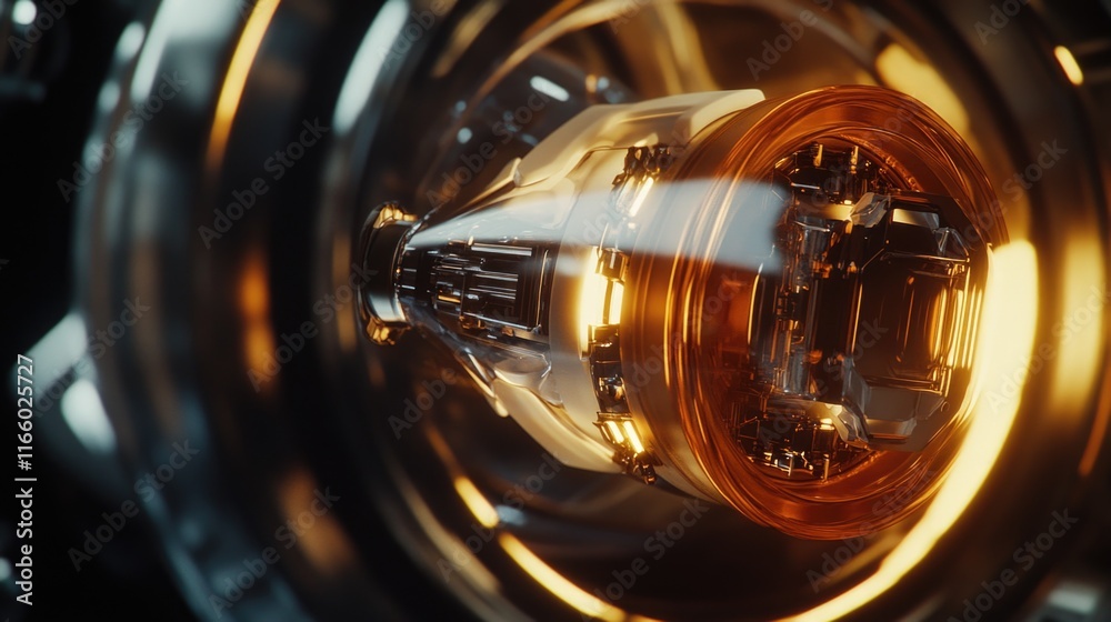 Poster a close-up shot of a metal object with a bright yellow light, ideal for use in technical or industri