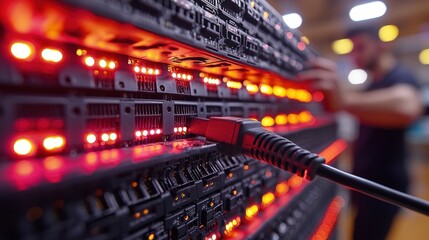 Server rack with illuminated connections and cables.