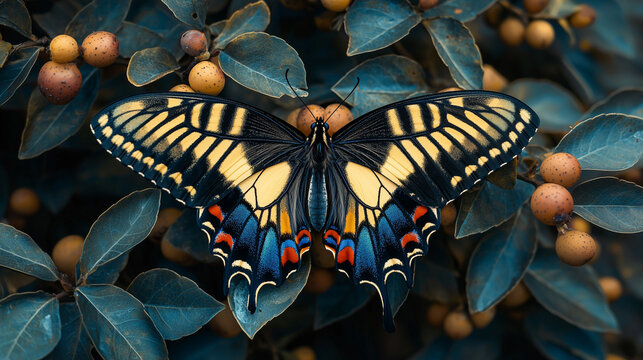 A butterfly with vibrant blue, green, and red patterns sits on leaves, captured in nature photography.