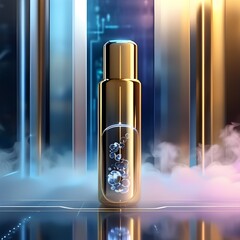 Luxury golden perfume bottle product photography with futuristic city lights and atmospheric mist