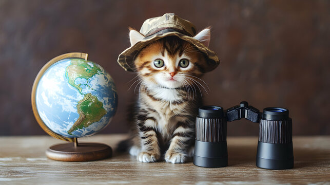 A curious kitten in a safari hat sitting beside a miniature globe and binoculars on a wooden table, suggesting an adventure theme - Powered by Adobe