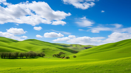 Obraz premium Nature's Canvas: A Beautiful Landscape of Rolling Hills and Calm Stream Under Clear Blue Sky