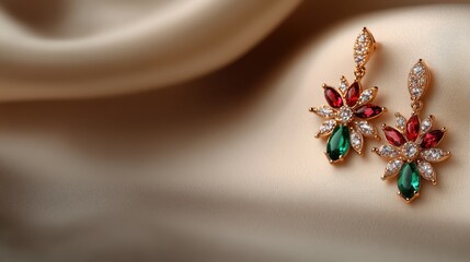 The gleaming earrings are showcased on a smooth silk surface, highlighting their beautiful gemstones and intricate design, perfect for a luxurious touch to any outfit or occasion.