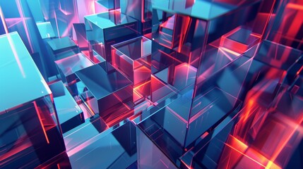 Abstract glass cubes glowing with blue and red light create a modern architectural design, perfect for a wallpaper