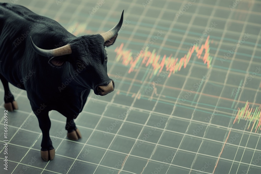 Poster a bull figurine stands on a floor with a stock chart in the background, perfect for financial or bus