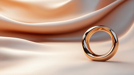 An artistic gold ring placed on a luxurious satin background, reflecting light and creating a stunning visual contrast that highlights its unique design features and elegance.