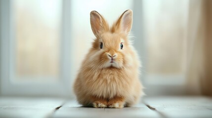 Obraz na płótnie Canvas This fluffy rabbit is posing gracefully on a wooden floor indoors, exuding a sense of comfort and warmth, and serving as a perfect companion in cozy living spaces or family moments.