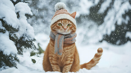 A ginger cat wearing a knitted winter scarf and hat sitting in a snowy outdoor scene, surrounded by snow-covered trees