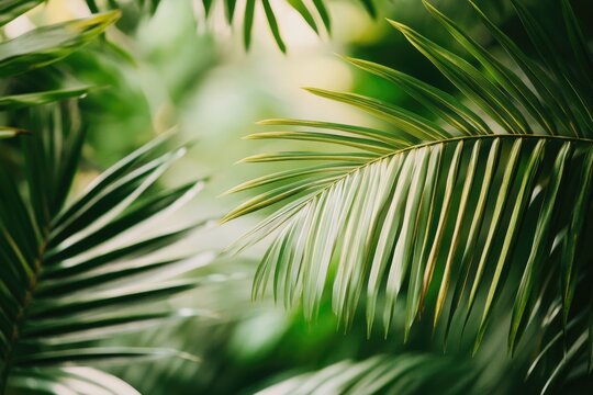 A close-up shot of a palm leaf with a blurred background