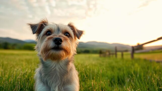 A sweet dog stands in a bright green field kissed by the morning light, evoking feelings of warmth, joy, and the start of a beautiful day in nature.