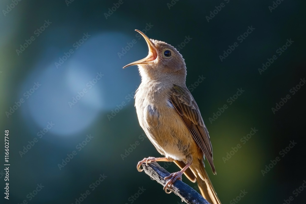 Poster a small bird sits on the top of a tree branch, possibly looking for food or taking a break