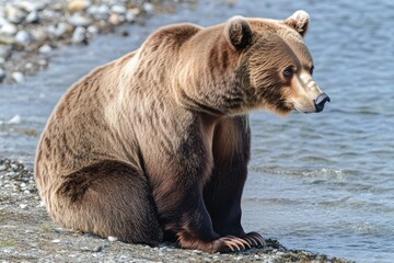 Obraz premium A large brown bear sits atop a rocky coastline, offering a serene scene for your needs