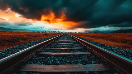 Fototapeta premium A breathtaking sunset casts vibrant colors over train tracks leading towards a distant city. The fusion of natural beauty and urban life creates a captivating scene.