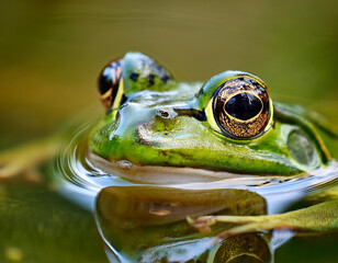 Una rana verde asomando los ojos dentro del agua de un lago