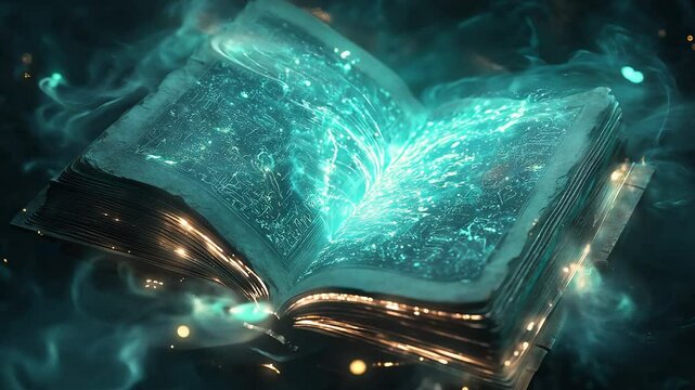 A close-up of an open ancient book with glowing runes on the pages, surrounded by swirling magical mist
